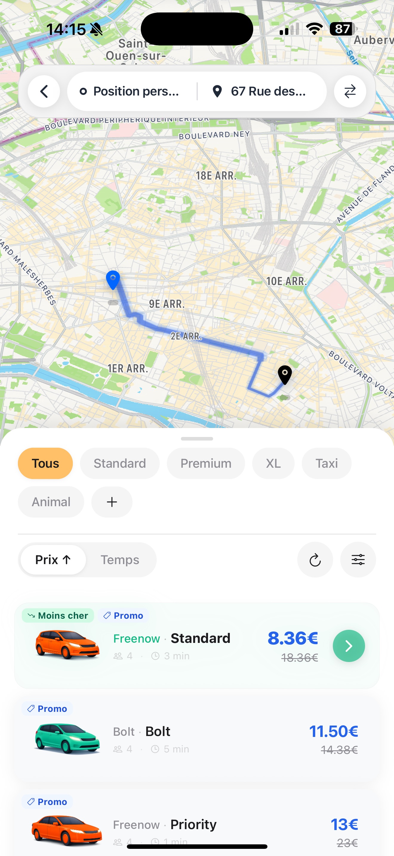 Fab comparing ride prices from Uber, Bolt and Freenow side by side, with a Cheapest badge